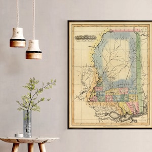 Carte du Mississippi - carte vintage du Mississippi fine print on paper or canvas