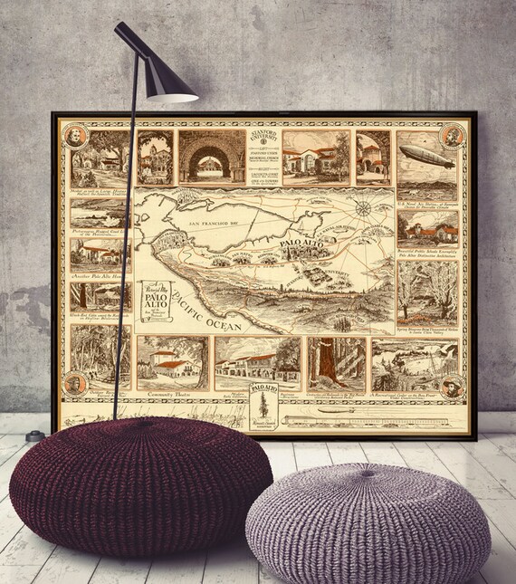 Palo Alto pictorial  map -  Archival print - Illustrated  map of Palo Alto, printed on paper or canvas