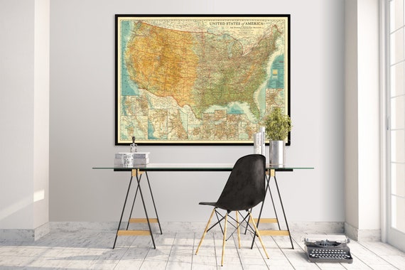 Vintage map of The United States, large physical map, old style geography map, 35 x 47 inches
