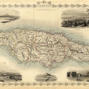 May include: An antique map of Jamaica, printed in black, brown, red, and yellow ink on a cream-colored paper. The map shows the island's parishes and major cities. The map is surrounded by a decorative border and includes inset maps of Port Royal Harbour, Kingston, and Montego Bay.