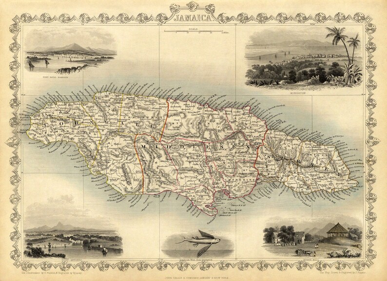 May include: An antique map of Jamaica, printed in black, brown, red, and yellow ink on a cream-colored paper. The map shows the island's parishes and major cities. The map is surrounded by a decorative border and includes inset maps of Port Royal Harbour, Kingston, and Montego Bay.