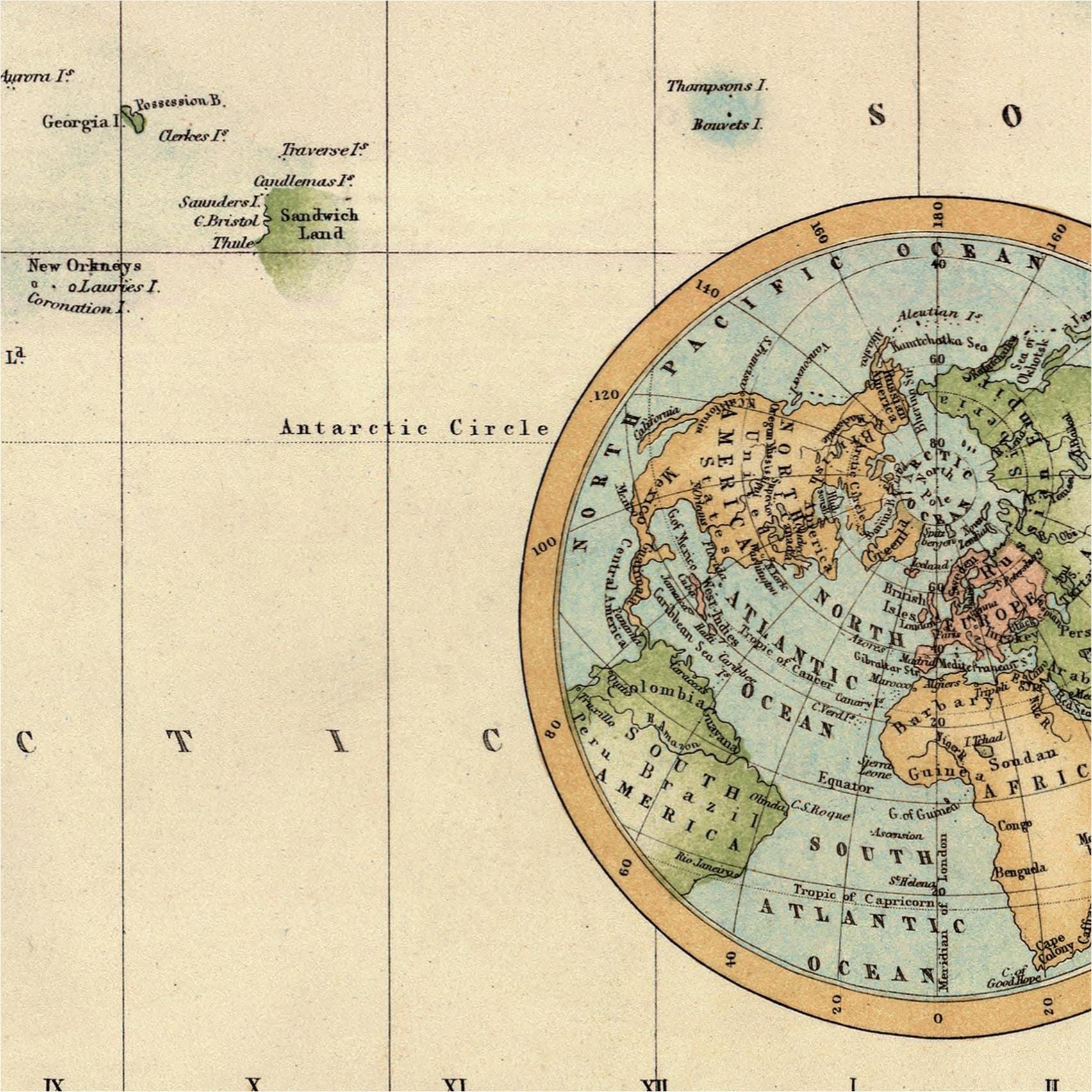 世界地図 | 極座標インセット付きアンティークメルカトル図法