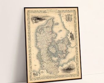Antique map, old map of Denmark, vintage map showing Sleswig and Copenhagen, large map poster