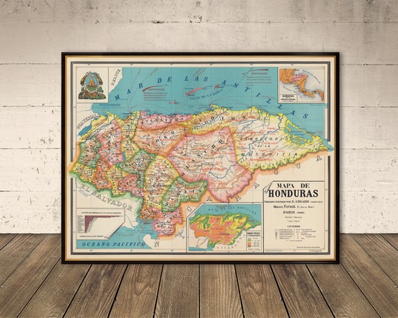 Map of Honduras  - Old map archival print on paper or canvas