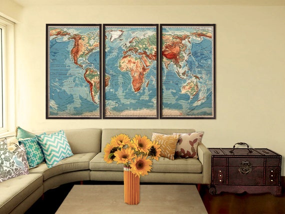 Vintage map of the world - Physical world map  - Available in one piece or three sections - Large wall map on fine coated paper or canvas