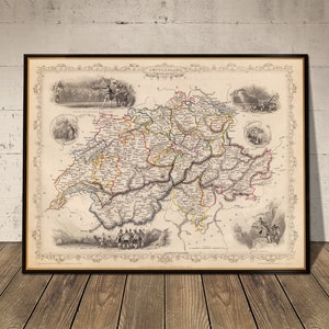 Ancienne carte de la Suisse, carte historique de la Confédération suisse de 1851, impression de carte murale