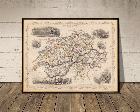 Old map of Switzerland, Swiss Confederation historical map from 1851, wall map print