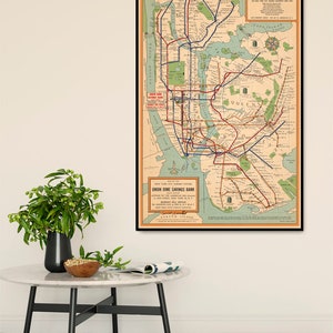Kaart van het metrosysteem van New York - metrokaart van NYC, vintage kaart gerestaureerd, kleine lettertjes op papier of canvas
