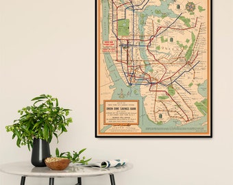 New York City subway system map - NYC subway map, vintage map restored, fine print on paper or canvas