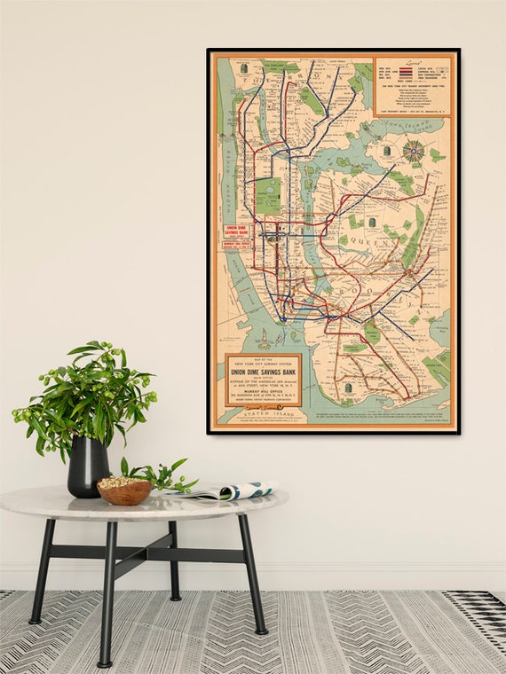 New York City subway system map - NYC subway map, vintage map restored, fine print on paper or canvas