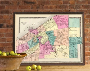 Cleveland map - Old map of Cleveland giclee reproduction  - Restored map print on paper or canvas