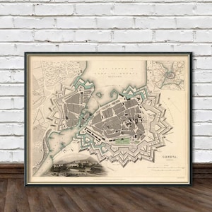 Mapa Genewy - Stara mapa Genewy drobny druk - Stary plan miasta - Wydruk mapy Genewy, dostępny na papierze lub płótnie
