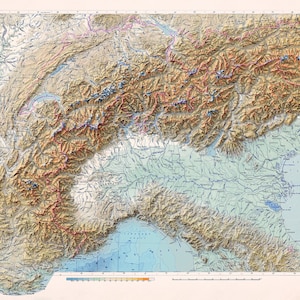 Vintage Alps Mountain Map | 1965 Physical Relief Print | Geography Wall ...