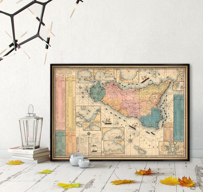 Sicily map Old map restored Vecchia mappa della Sicilia, available on paper or canvas image 1