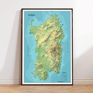 Carte physique de la Sardaigne avec un effet de relief ombré, très détaillée, cadeau de carte de voyage