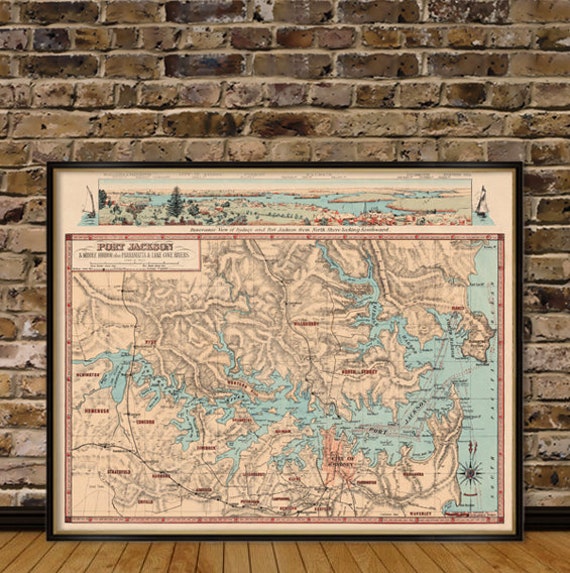 Port Jackson map - Panoramic view of Sydney and Port Jackson - Fine giclee print