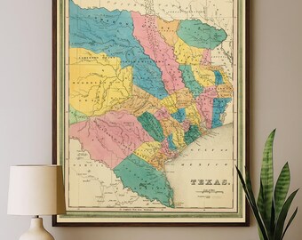 Mapa do Texas | Arte de mapa de estado vintage | Decoração de parede de história americana | Reprodução de arquivo