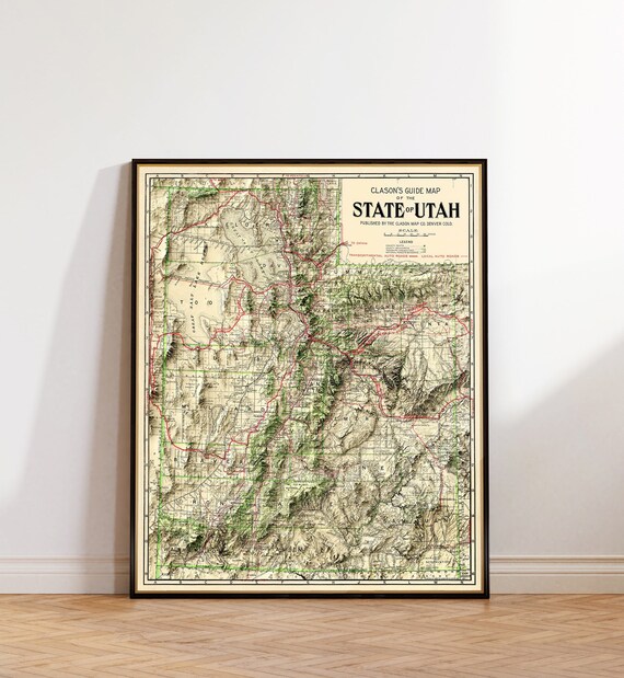 Old map of Utah with a relief shading effect, bringing back to life old maps, art print