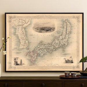 Vintage Map of Japan and Korea | Antique John Tallis & Co. Cartography | East Asia Wall Art