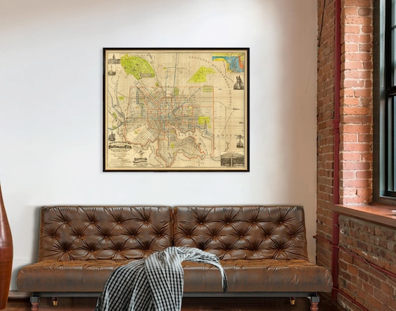 Large wall map of Baltimore - Detailed map with wonderful colors, museum quality reproduction