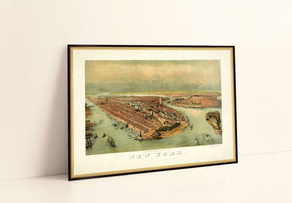 New York City poster, vintage panoramic map of New York City, bird's eye view over NYC, arhival print, wall decor