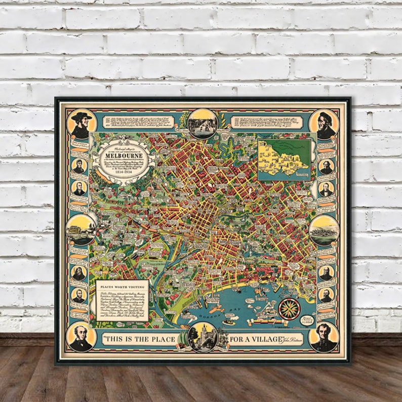 Kids map Melbourne map Illustrated map of Melbourne Decorative map Old city map print