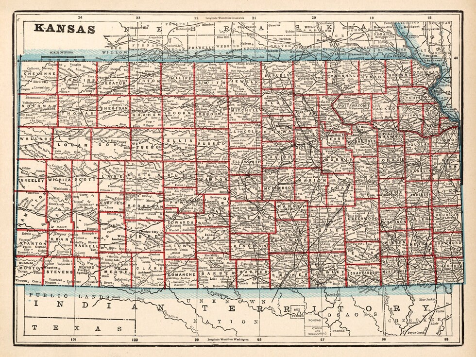 Kansas map Old map of Kansas, wall map reproduction, print on paper