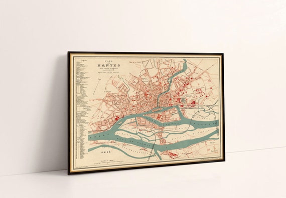 Map of Nantes (France), vintage map of Nantes restored , old city plan from 1895