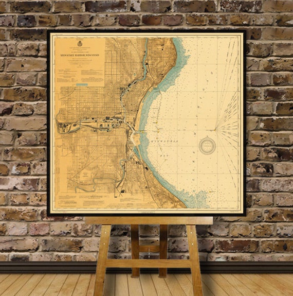 Milwaukee harbour map - Large map of Milwaukee harbour from 1932, fine print on paper or canvas