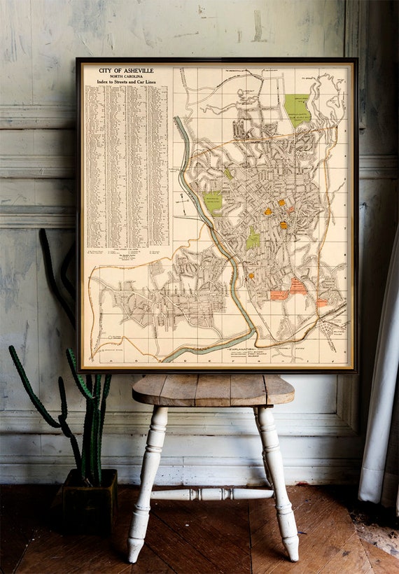 Old map of Asheville - Restored city map - Wall map reproduction on paper or canvas