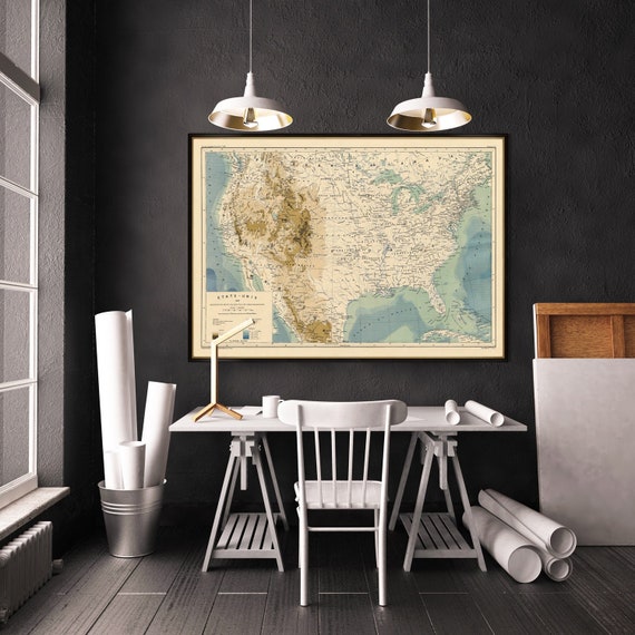 Physical map of The United States - Archival map print - Vintage map of USA , wonderful poster gift