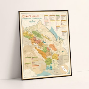 Napa Valley-wijnkaart, wijngaarden, druivensoorten en wijnmakerijen, wandkaartdecor, cadeau voor je vrienden