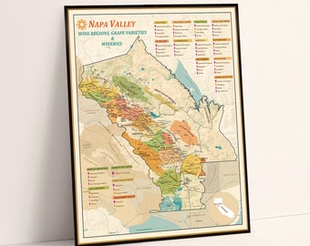 Carte des vins de la Napa Valley, vignobles, cépages et caves, décoration de carte murale, cadeau pour vos amis