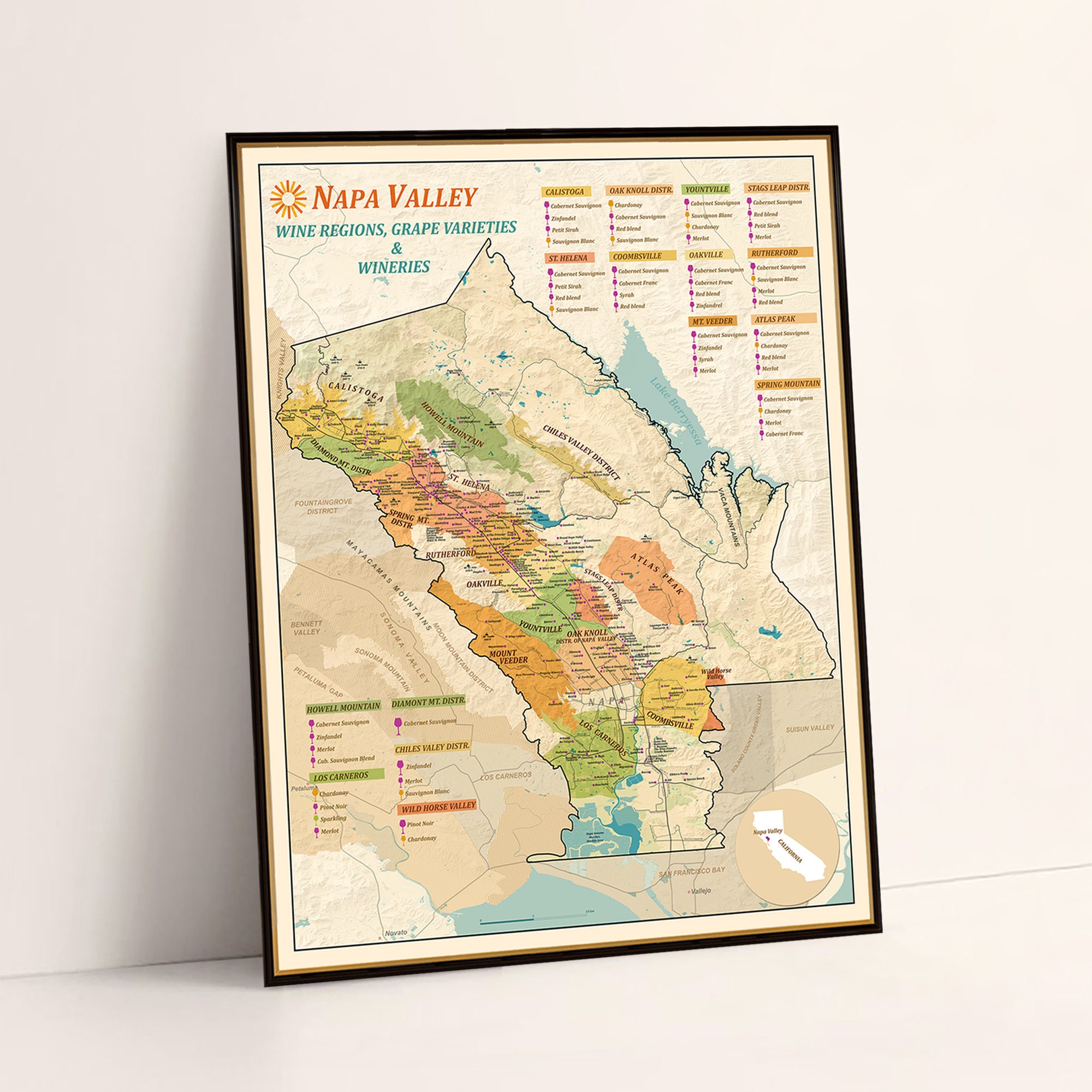 Mapa de vinos del Valle de Napa, viñedos, variedades de uva y bodegas /  Regiones AVA - Guía de viñedos de California - Etsy México, image size:2000x2000