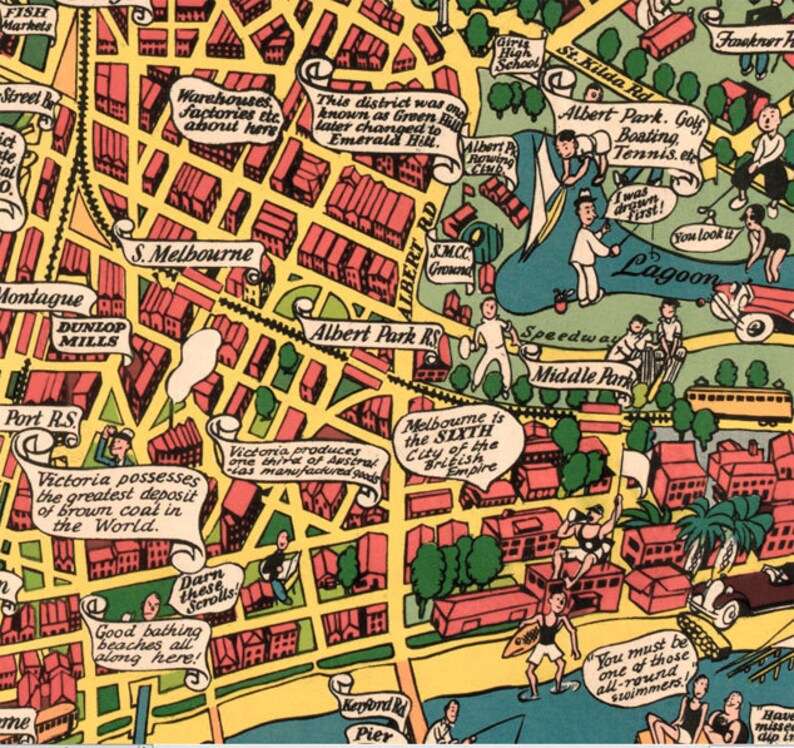 Kids map Melbourne map Illustrated map of Melbourne Decorative map Old city map print