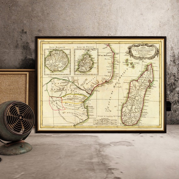 Antique map of Madagascar - Old map of Eastern Africa, fine print on paper or canvas