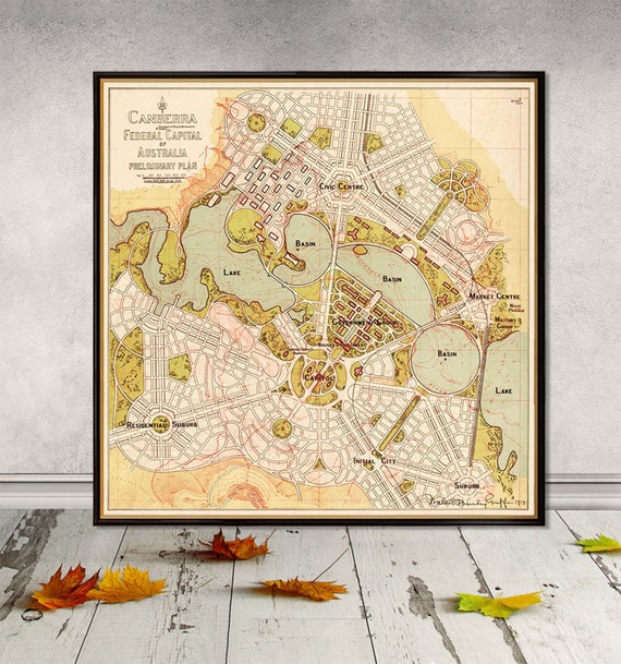 Canberra map - Old map of Canberra archival print, retro poster map, home decoration