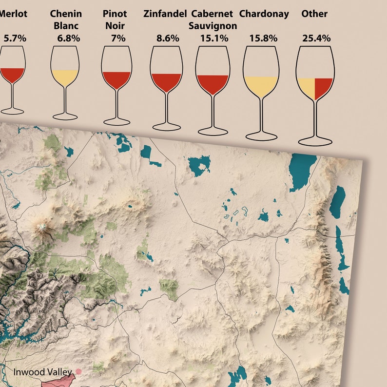 Carte des régions viticoles de Californie, régions viticoles américaines, carte détaillée, montrant toutes les régions viticoles de Californie, superbe décoration de bar/cave image 7