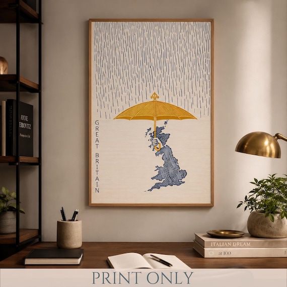 Great Britain Poster | British Wall Art | Umbrella Illustration Travel Poster