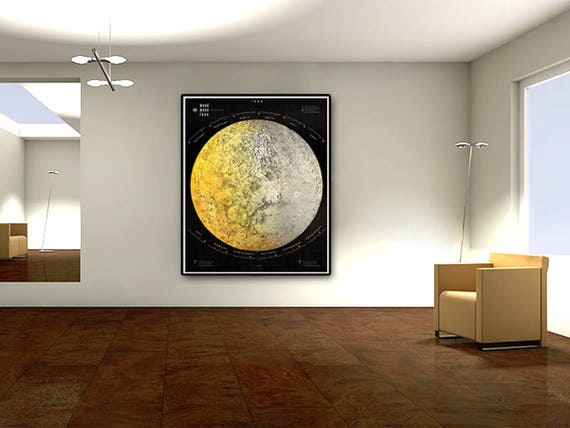 Map of the Moon - Large Moon map poster, Surveyor probes marked, vinatge poster wall decor