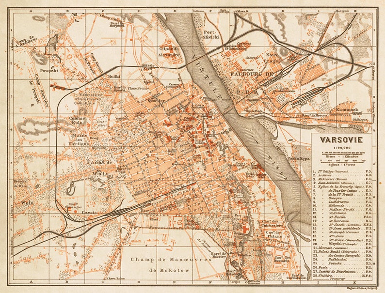 Old map of Warsaw La carte de Varsovie Old City plan Fine reproduction image 2