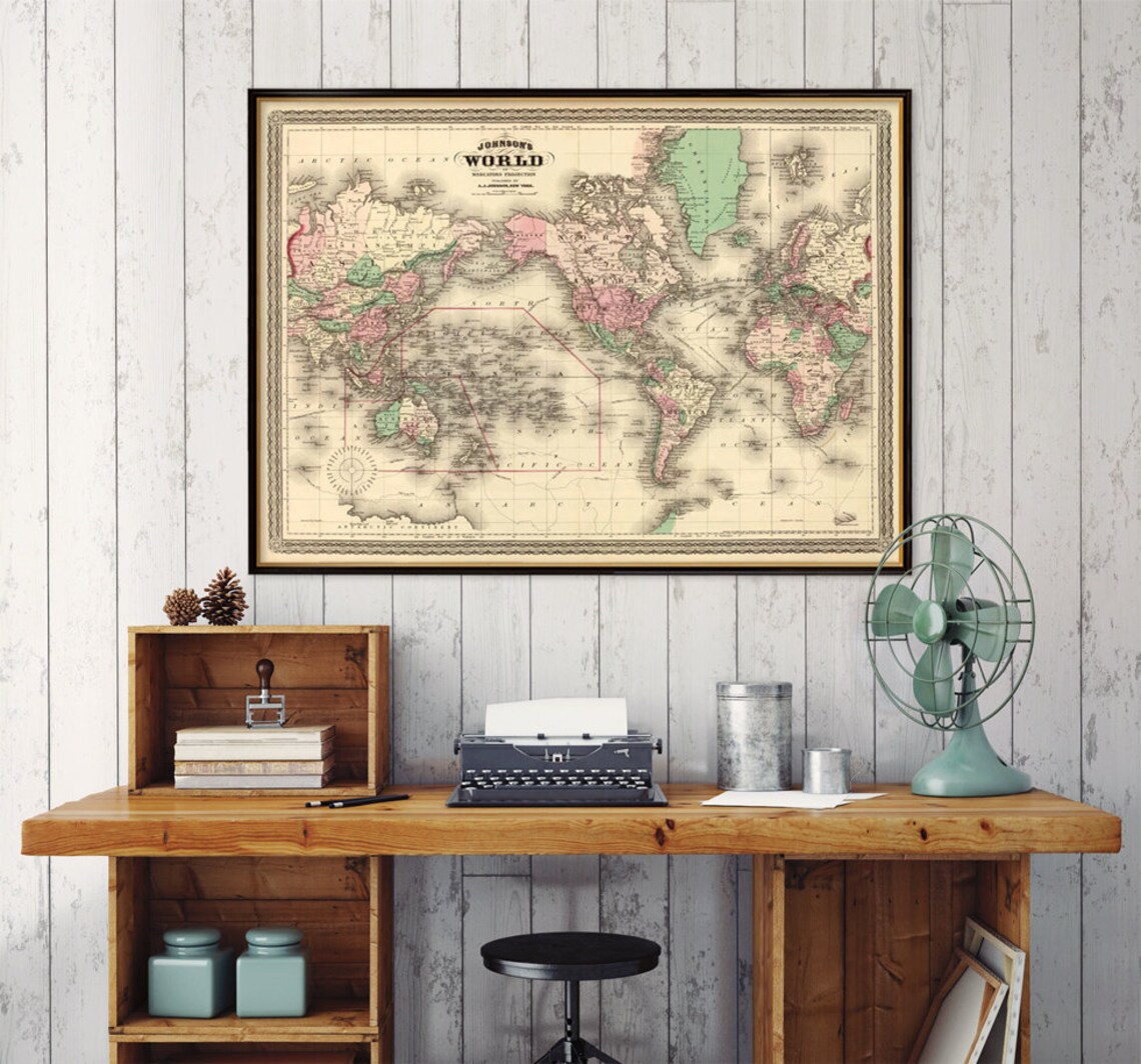 Map of the World World Wall Map Vintage Map of the World Etsy