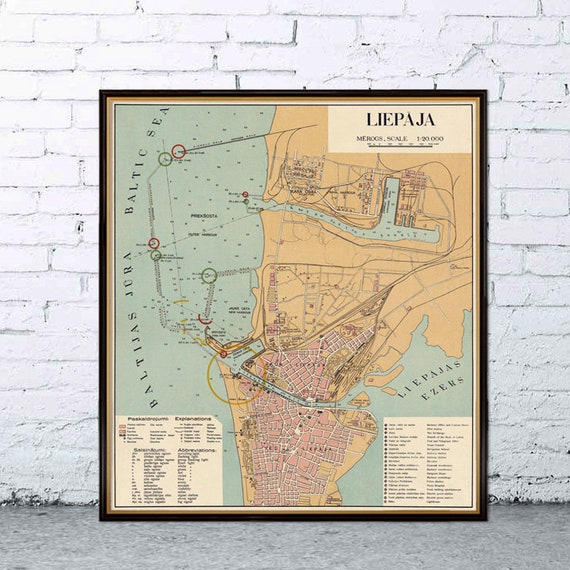 Map of Liepaja - Old  city plan - Restored map fine print