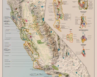 カリフォルニアのワイン産地マップ、アメリカのブドウ栽培地域、詳細な
