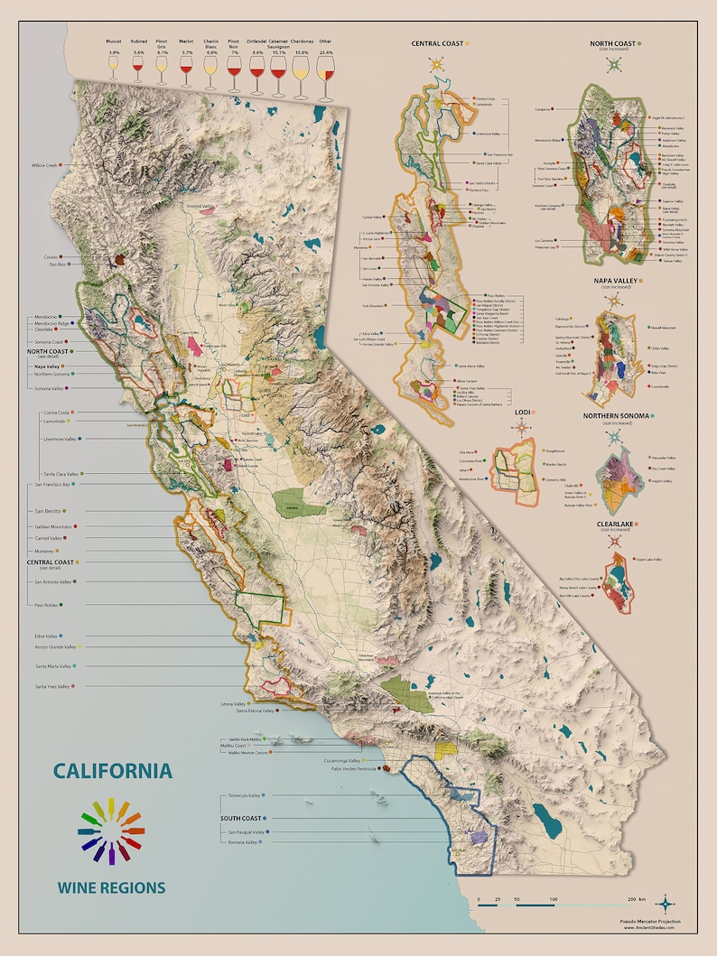 Carte des régions viticoles de Californie, régions viticoles américaines, carte détaillée, montrant toutes les régions viticoles de Californie, superbe décoration de bar/cave image 2