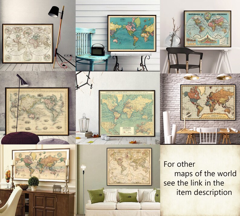 Map of the world World wall map Vintage map of the world archival print Various sizes, available on paper or canvas image 5