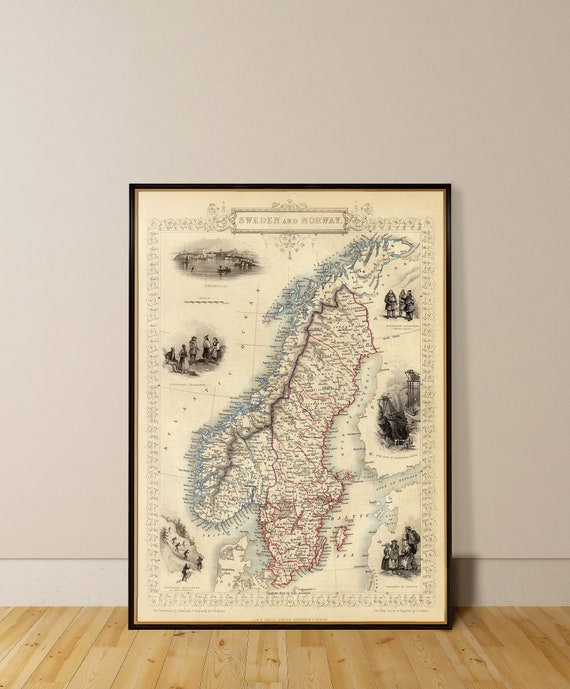 Map of Sweden, map of Norway, wonderful historical map with illustrations of Norwegian laplanders, peasants from Sweden