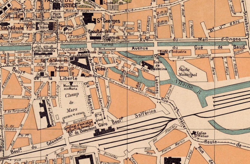 Carte de Rennes, plan de la ville de Rennes, carte vintage, carte murale art déco image 3