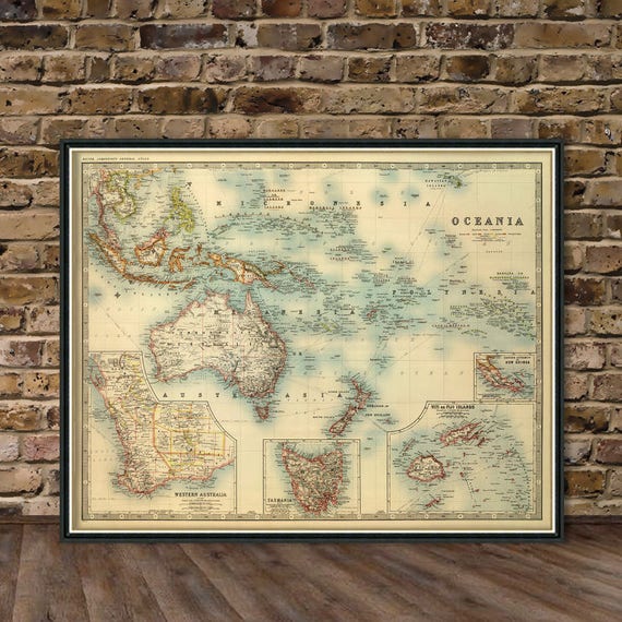 Oceania map - Australia old map - Old map atlas - Vintage map of Oceania and Australia - Large wall map on paper or canvas