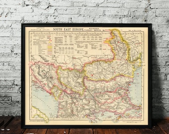 South East Europe map - Vintage map of Romania, Bulgaria, Serbia, Turkey, Croatia